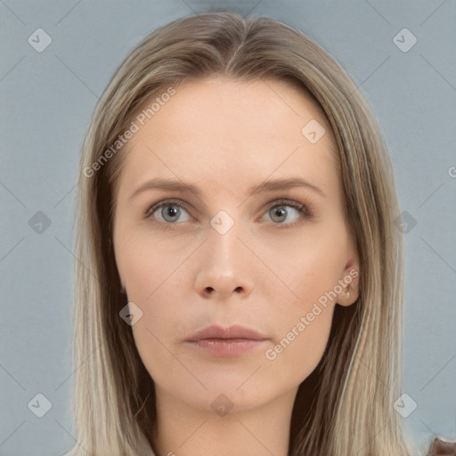 Neutral white young-adult female with long  brown hair and grey eyes