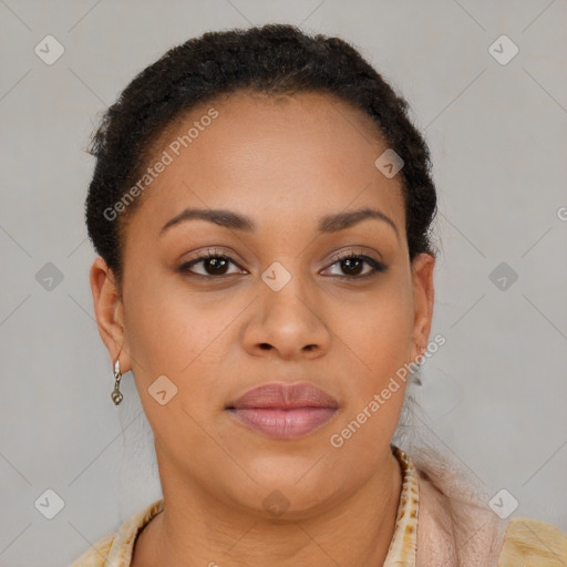 Joyful latino young-adult female with short  brown hair and brown eyes