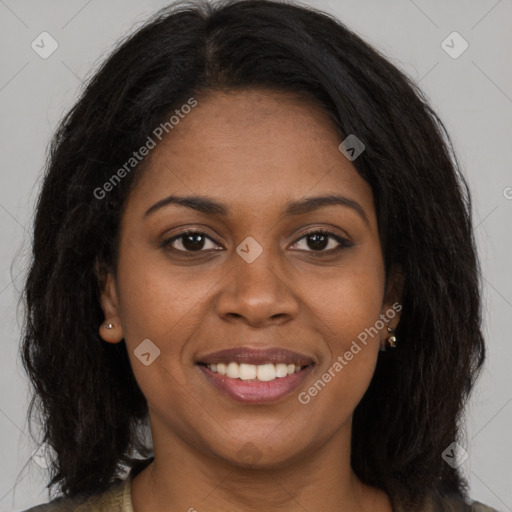 Joyful latino young-adult female with long  brown hair and brown eyes