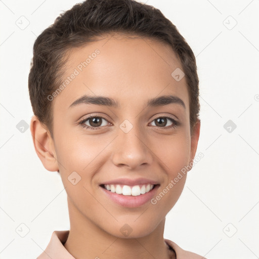 Joyful white young-adult female with short  brown hair and brown eyes