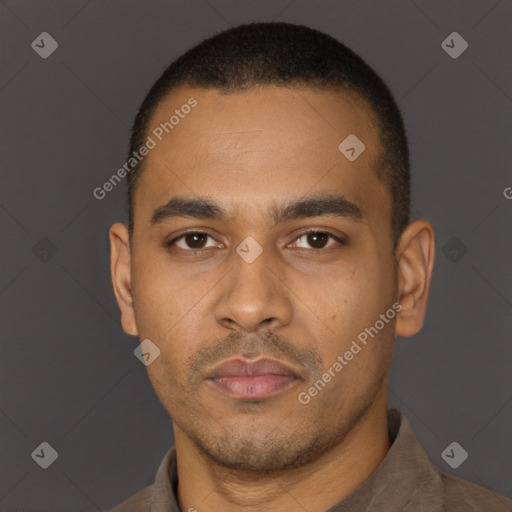 Neutral latino young-adult male with short  black hair and brown eyes