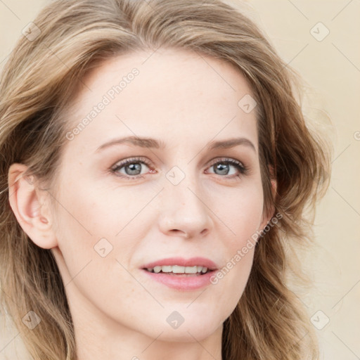 Joyful white young-adult female with long  brown hair and blue eyes