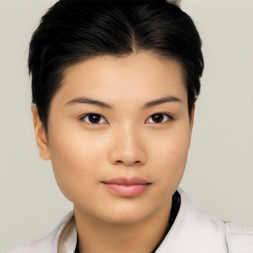 Neutral asian young-adult female with short  black hair and brown eyes