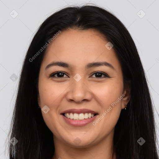 Joyful white young-adult female with long  brown hair and brown eyes