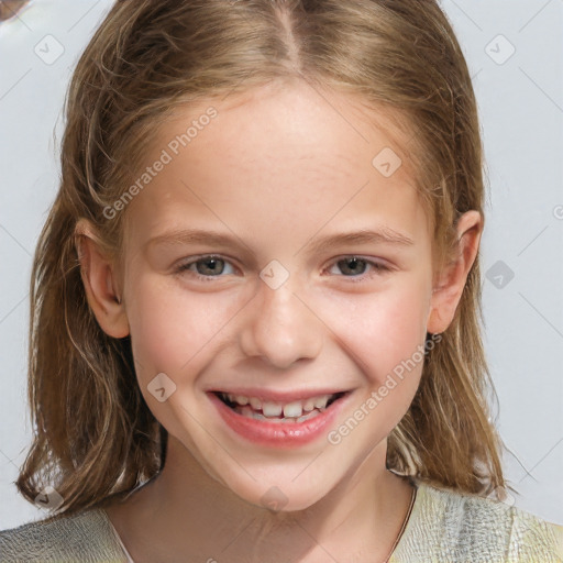 Joyful white child female with medium  brown hair and grey eyes