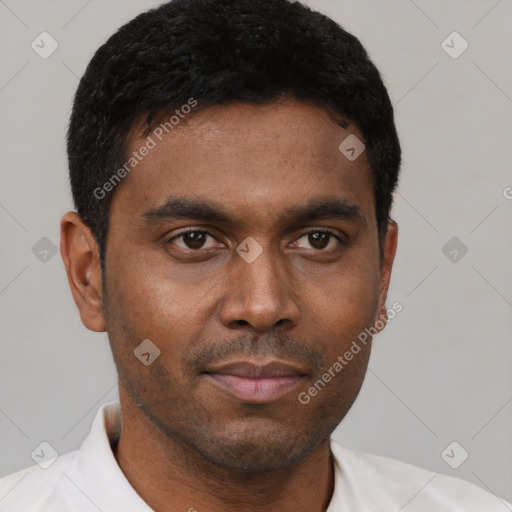 Neutral black young-adult male with short  black hair and brown eyes