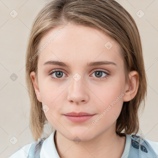 Neutral white young-adult female with medium  brown hair and grey eyes