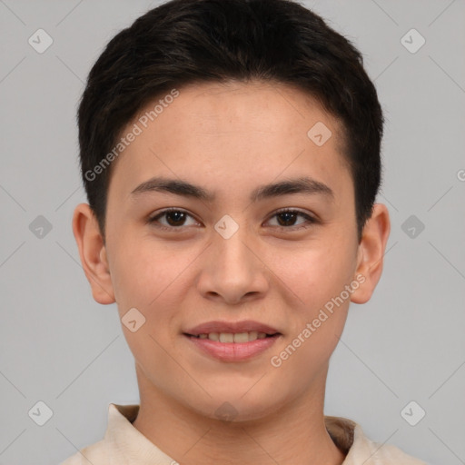 Joyful white young-adult female with short  brown hair and brown eyes