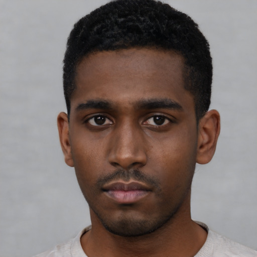 Neutral black young-adult male with short  black hair and brown eyes