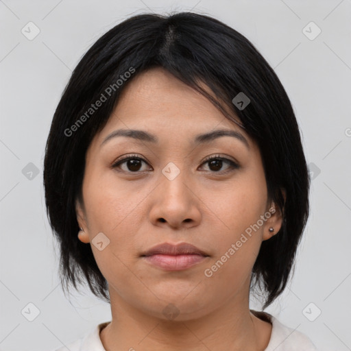 Neutral asian young-adult female with medium  black hair and brown eyes