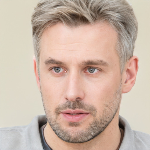 Neutral white adult male with short  brown hair and grey eyes