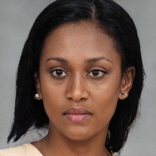 Neutral latino young-adult female with medium  black hair and brown eyes
