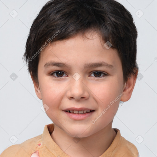 Joyful white child female with short  brown hair and brown eyes