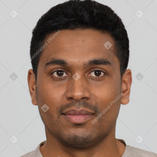 Neutral black young-adult male with short  black hair and brown eyes