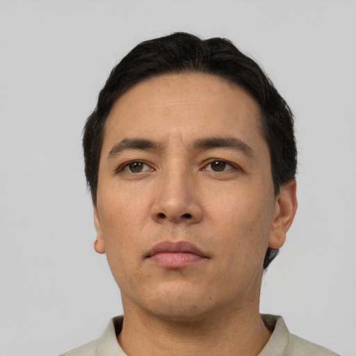 Neutral asian young-adult male with short  black hair and brown eyes