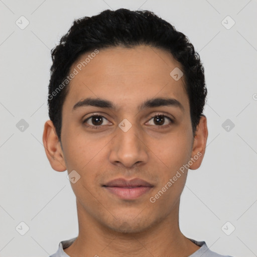 Neutral latino young-adult male with short  black hair and brown eyes