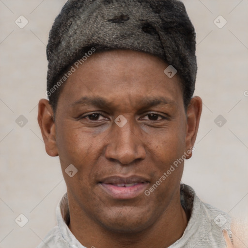 Joyful black adult male with short  brown hair and brown eyes