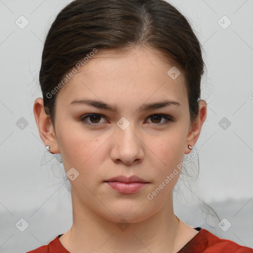 Neutral white young-adult female with medium  brown hair and brown eyes