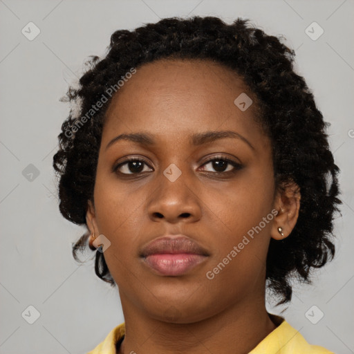 Neutral black young-adult female with short  black hair and brown eyes