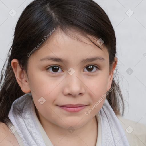 Joyful white child female with medium  brown hair and brown eyes