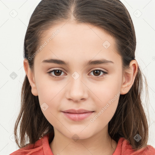 Joyful white child female with medium  brown hair and brown eyes