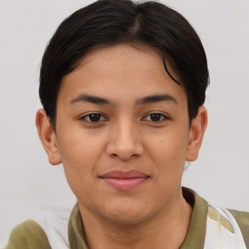 Joyful asian young-adult female with short  brown hair and brown eyes