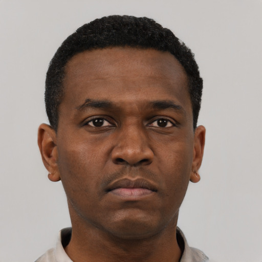 Neutral black young-adult male with short  black hair and brown eyes