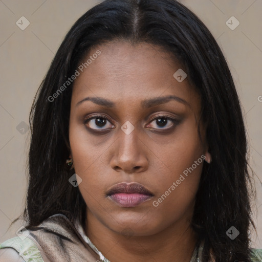 Neutral asian young-adult female with long  black hair and brown eyes