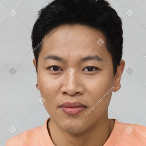 Neutral asian young-adult male with short  black hair and brown eyes
