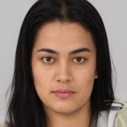 Neutral asian young-adult female with long  brown hair and brown eyes