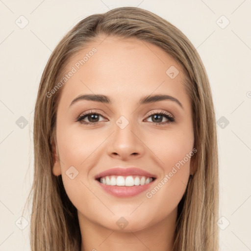 Joyful white young-adult female with long  brown hair and brown eyes