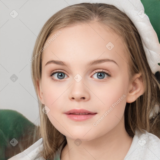 Neutral white child female with medium  brown hair and grey eyes