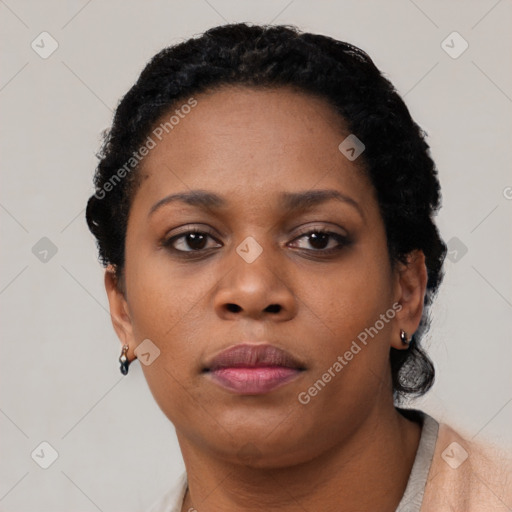 Neutral black young-adult female with short  black hair and brown eyes