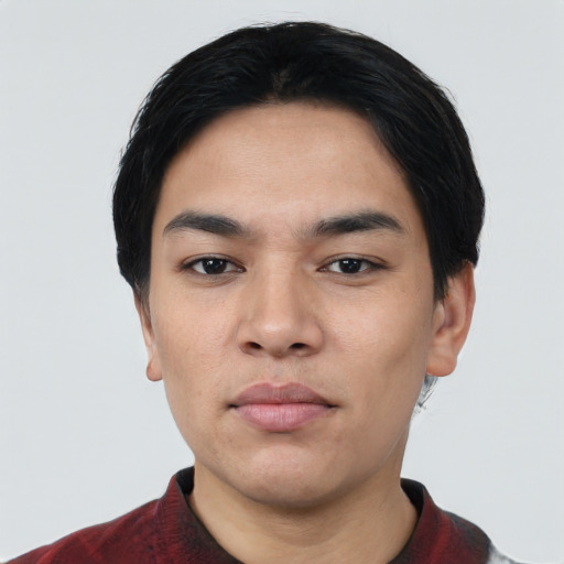 Neutral asian young-adult male with short  black hair and brown eyes