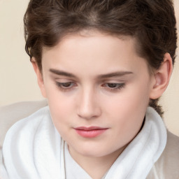 Joyful white child female with short  brown hair and brown eyes