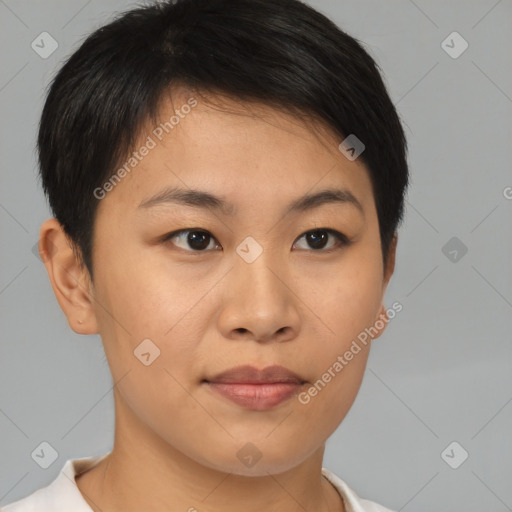 Joyful asian young-adult female with short  brown hair and brown eyes