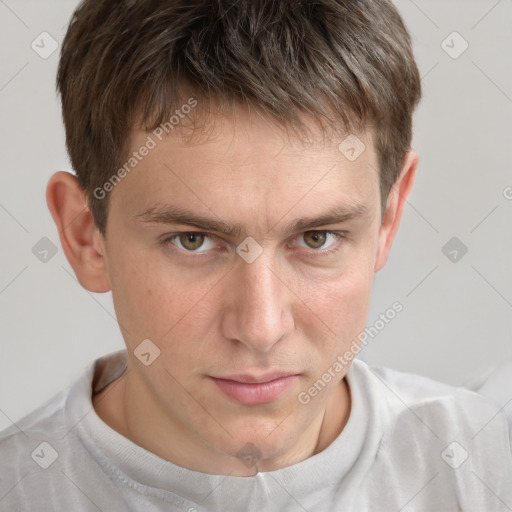 Neutral white young-adult male with short  brown hair and grey eyes