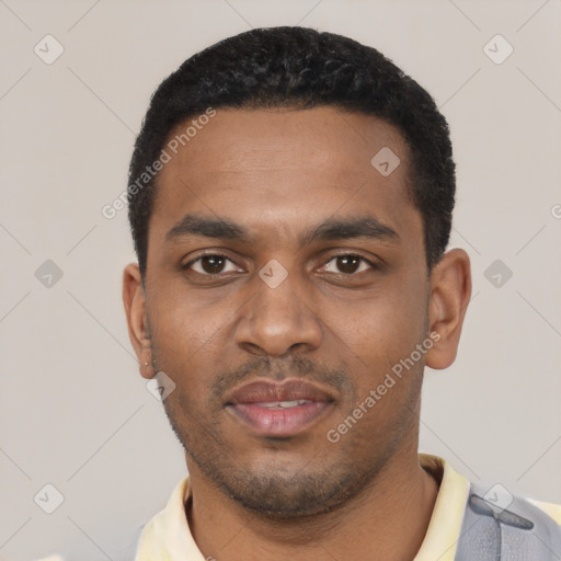Neutral black young-adult male with short  black hair and brown eyes