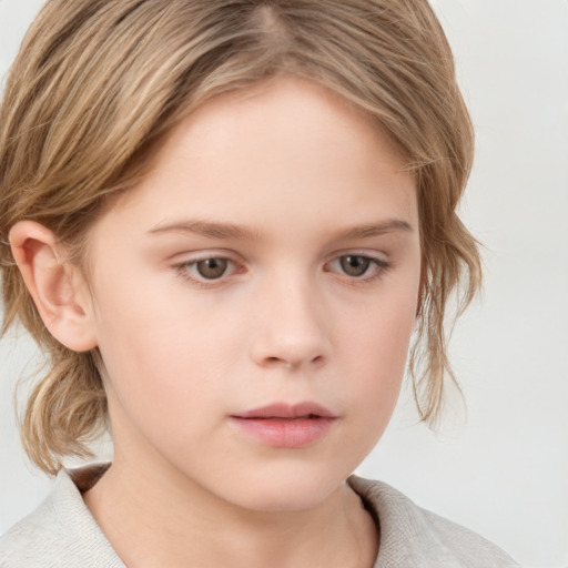 Neutral white child female with medium  brown hair and grey eyes