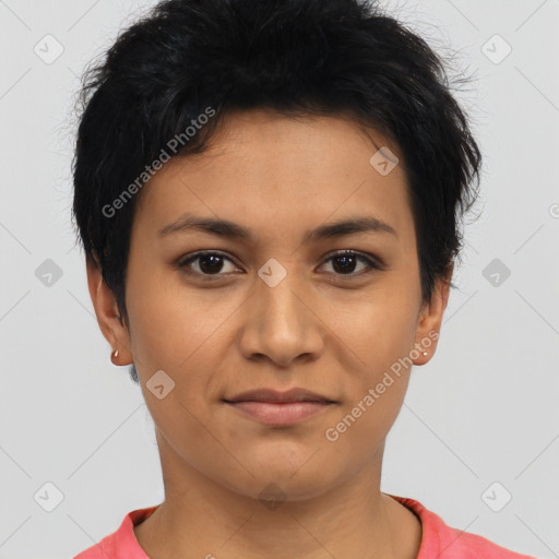 Joyful asian young-adult female with short  black hair and brown eyes