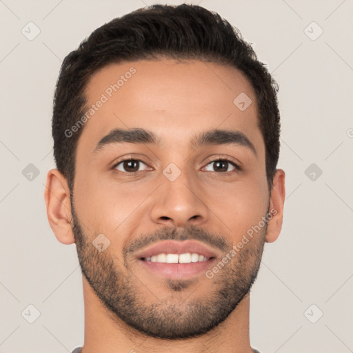 Neutral latino young-adult male with short  brown hair and brown eyes