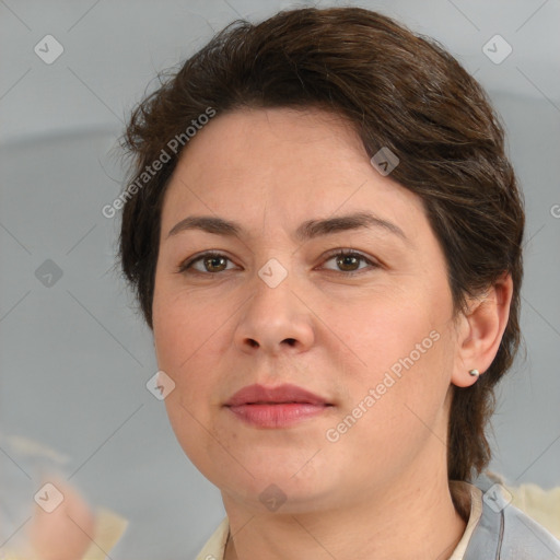 Neutral white adult female with medium  brown hair and brown eyes