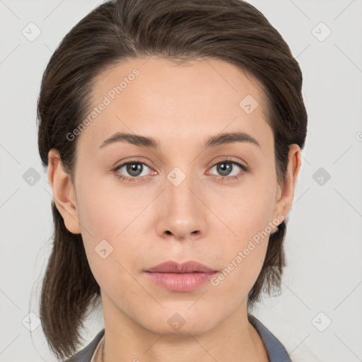 Neutral white young-adult female with medium  brown hair and brown eyes