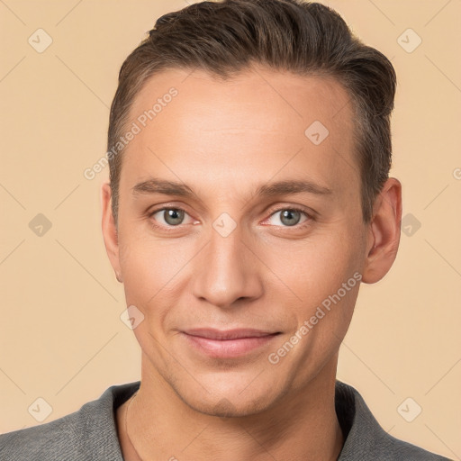 Joyful white young-adult male with short  brown hair and brown eyes