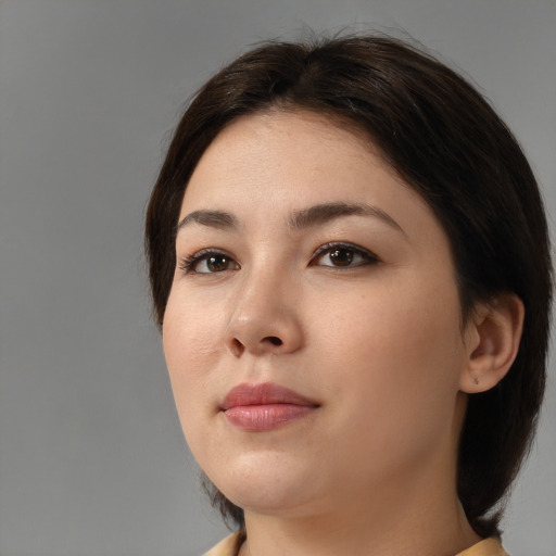 Neutral white young-adult female with medium  brown hair and brown eyes