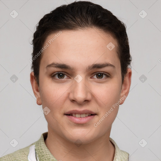 Joyful white young-adult female with short  brown hair and brown eyes