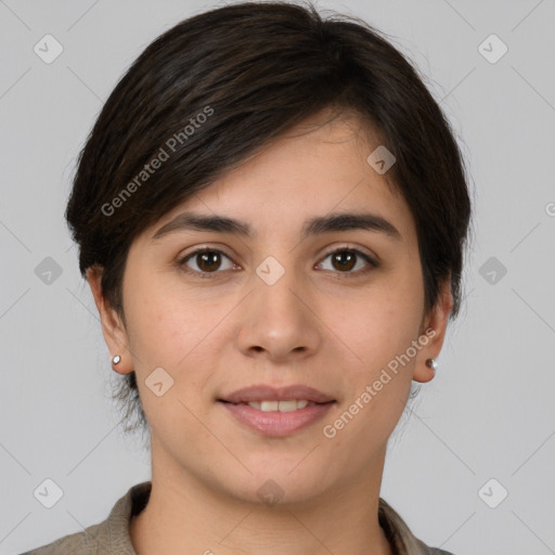 Joyful white young-adult female with short  brown hair and brown eyes