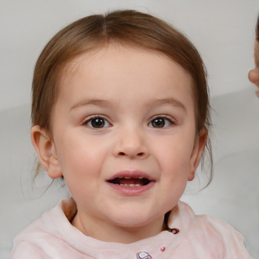 Joyful white child female with medium  brown hair and blue eyes