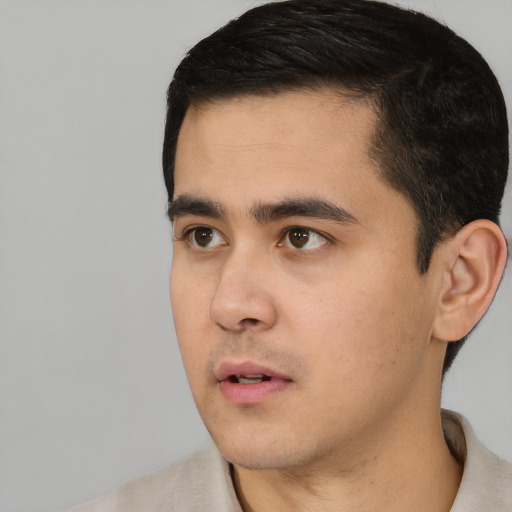 Neutral asian young-adult male with short  black hair and brown eyes