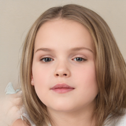 Neutral white child female with medium  brown hair and grey eyes